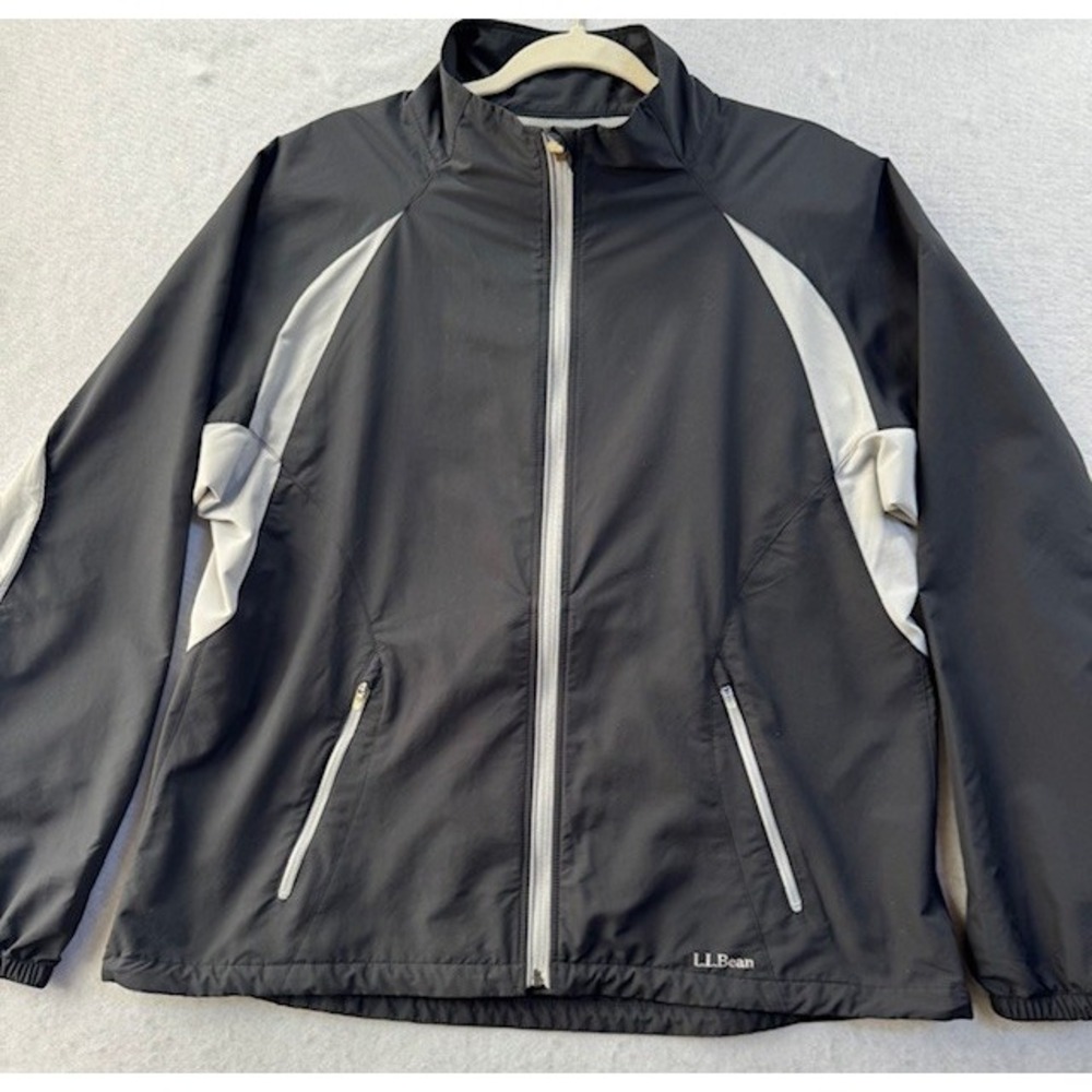 LL Bean Jacket Women XL Black Gray Full Zip Light Raincoat Mock Neck‎ Vented